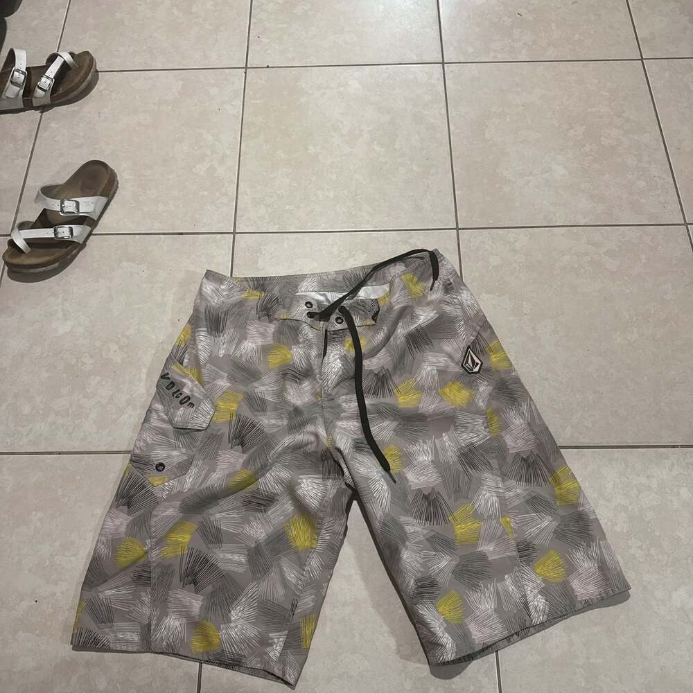 Volcom Men's Graphic Board Shorts, Grey/Yellow Abstract Print 36